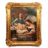 Anónimo, Escena de hilandera con el Niño Jesús y Ángel de la Guarda, Óleo sobre tela