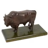 Toro Cebú, SIGLO XX, Bronce, patinado en color marrón; base de madera