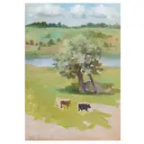 H. Bazalac, Paisaje con vacas, Óleo sobre papel
