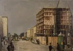 Richard Gessner, Straßenszene mit Blick auf Düsseldorfer Bankgebäude, 1953, Öl auf Leinwand