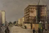 Richard Gessner, Straßenszene mit Blick auf Düsseldorfer Bankgebäude, 1953, Öl auf Leinwand
