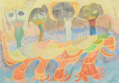 Das Vierkopf-Tier by Ursula Schultze-Bluhm, 1983, Farbstift auf Karton, sold Oct 2018