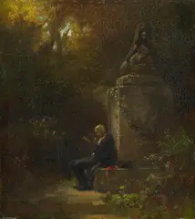 Carl Spitzweg, "Philosoph im Garten mit Sphinx", Öl auf Papier