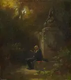 Carl Spitzweg, "Philosoph im Garten mit Sphinx", Öl auf Papier