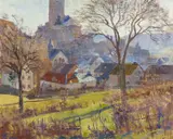 Frühlingstag in Kerpen mit Blick auf die Burg, den Wohnsitz Fritz von Willes by Fritz von Wille, Öl auf Leinwand, sold May 2018