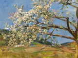 Blühender Kirschzweig mit Blick auf die Müllenborner Felder by Fritz von Wille, Öl auf Leinwand, sold May 2018