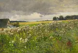 Fritz von Wille, Sommerliche Blumenwiese bei einer Kapelle, Öl auf Leinwand