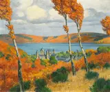 Fritz von Wille, Herbst am Laacher See mit Blick auf die Abtei, Öl auf Leinwand