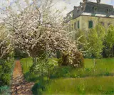 Fritz von Wille, Kirschbaumblüten mit Blick auf das Dalbendener Schullandhaus, Öl auf Leinwand