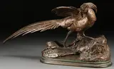 Jules Moigniez, Pheasant Frightened by a Stoat, Bronze with dark brown patina