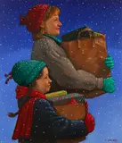 Michael Garland, Mother and Child Carrying Christmas Gifts, 1996, Oil on cold press illustration board, unframed