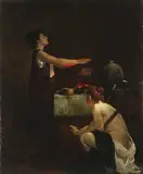 German Symbolist Painting, A Woman Warming Herself Over a Stove While Another Attends Her, Oil on canvas