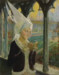 Edgar Maxence, Portrait of Isabeau of Baviere Reading a Book of Hours, Oil on wood panel