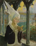 Edgar Maxence, Portrait of Isabeau of Baviere Reading a Book of Hours, Oil on wood panel