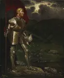 Polish School, Knight Holding a Red Flag Overklooking a Village, 1912, Oil on canvas