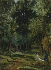 Norbert Goeneutte, Impressionistic Wooded Landscape with Figures, circa 1890, Oil on wood panel