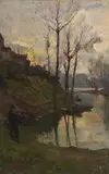 Victor Marec, Spring Landscape at Dusk With Figure, Oil on wood panel