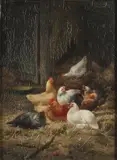 Eugene Remes Maes, Barnyard with Chickens, Oil on wood panel