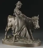 Ferdinand Freiherr von Miller, Woman Leading Bull with Floral Wreath, 1867, Bronze with dark brown patina