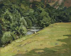 Fritz Köhler, Summer Landscape with Stream, Oil on artist board
