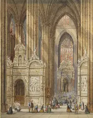 Henri Schafer, Interior View of the Church of the Savior- La Seo, Zaragoza, Spain, Watercolor and gouache