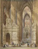 Henri Schafer, Interior View of the Church of the Savior- La Seo, Zaragoza, Spain, Watercolor and gouache