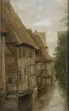 Ludwig Schmahljohann, Two Old Houses on the Kremapau, 1921, Oil on canvas laid down on wood panel