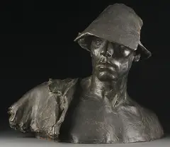 Czech School, Bust of a Laborer with Hat, circa 1925, Bronze with dark brown patina