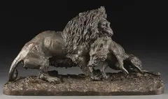 Christopher Fratin, Lion Killing Boar, Bronze with dark brown patina