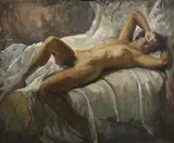 Joseph Newman, Female Nude Laying on Bed, Oil on canvas- unstretched