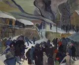 Madeleine Albert, Winter City Neighborhood Scene of Building Fire, circa 1930, Oil on canvas