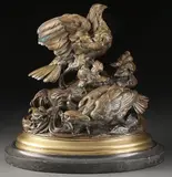 Louis Emile Cana, A Family of Grouse, Bronze with dark brown patina