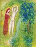 Marc Chagall, Daphnis et Chloé aubord de la fontaine (Daphne and Chloe Beside the Fountain), from Daphnis et Chloé (M. 313, C. 46), 1961, Lithograph in colours, on Arches paper, the full sheet