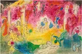 Marc Chagall, Temple et histoire de Bacchus (Temple and History of Bacchus), from Daphnis et Chloé (M. 346, C. 46), 1961, Lithograph in colours, on Arches paper folded (as issued), the full sheet