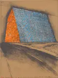 Texas Mastaba, Project for 500,000 Stacked Oil Drums, from America: The Third Century (S. 85) by Christo & Jeanne-Claude, 1976, Lithograph with collaged screenprint in colours, on brown cardboard, the full sheet, sold Sep 2023