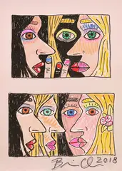 Brian Calvin, Untitled, from Duet (With Chorus), 2015, Offset lithograph with unique hand-colouring in coloured pencil, on pink card, with full margins, with the accompanying book entitled Duet (with Chorus)