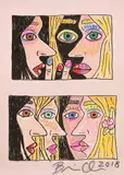 Brian Calvin, Untitled, from Duet (With Chorus), 2015, Offset lithograph with unique hand-colouring in coloured pencil, on pink card, with full margins, with the accompanying book entitled Duet (with Chorus)