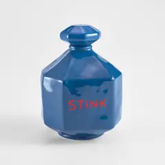 David Shrigley, Stink, from You Are Special Series, 2023, White earthenware bottle painted in colours and glazed, contained in the original foam-lined white painted wooden box with printed design on the lid