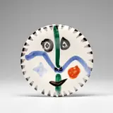 Visage no. 111 (Face no. 111) (A.R. 476) by Pablo Picasso, 1963, White earthenware round plate painted in colours and glazed, sold Dec 2023