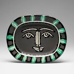 Visage gris (Grey Face) (A.R. 206) by Pablo Picasso, 1953, White earthenware rectangular dish painted in colours, engraved and with partial brushed glaze, sold Dec 2023