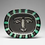 Pablo Picasso, Visage gris (Grey Face) (A.R. 206), 1953, White earthenware rectangular dish painted in colours, engraved and with partial brushed glaze