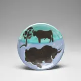 Toros (Bulls) (A.R. 161) by Pablo Picasso, 1952, White earthenware round plate painted in colours with partial brushed glaze, sold Dec 2023