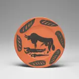 Pablo Picasso, Scène de tauromachie (Bullfighting Scene) (A.R. 393), 1957, Red earthenware round plate painted in black and engraved