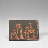 Personnages et cavalier (Figures and Horseman) (A.R. 540) by Pablo Picasso, 1968, Red earthenware rectangular plaque painted in black, sold Dec 2023