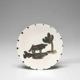 Taureau sous l'arbre (Bull under the Tree) (A.R. 159) by Pablo Picasso, 1952, White earthenware round plate painted in colours with partial brushed glaze, sold Dec 2023