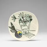 Bouquet à la pomme (Bunch with Apple) (A.R. 307) by Pablo Picasso, 1956, White earthenware round plate painted in colours with partial brushed glaze, sold Dec 2023