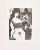 Pablo Picasso, Vieux clown avec une ravissante personne (Old Clown with a Lovely Person), plate 49 from Série 347 (Bl. 1529, Ba. 1545), 1968, Aquatint, on BFK Rives paper, with full margins