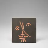 Pablo Picasso, Visage au trait oblique (Face with Oblique Line) (A.R. 588), 1968-69, Red earthenware square plaque painted in black and engraved
