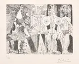 Pablo Picasso, Couple posant pour un peintre en habit de cour (Couple Posing for a Painter in Court Dress), plate 214 from Série 347 (Bl. 1694, Ba. 1710), 1968, Etching, on BFK Rives paper, with full margins
