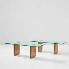 Pair of coffee tables, model no. 2354 by Fontana Arte, circa 1964, Glass, walnut-veneered wood, brass, offered Jan 2023